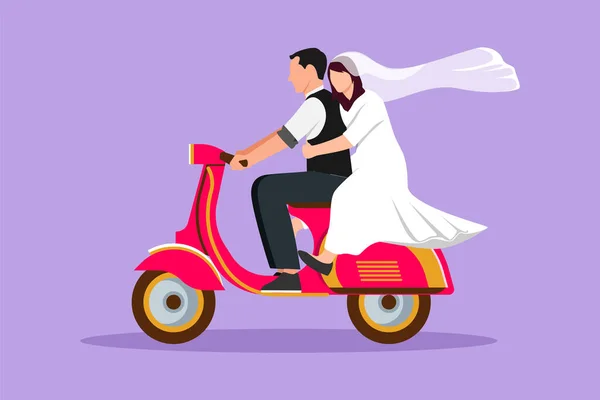 グラフィックフラットデザイン図面幸せな結婚したカップルライディングバイク スクーターを運転する男性と女性は ウェディングドレスを着用しながら乗客です 安全運転 漫画スタイルベクターイラスト — ストックベクタ