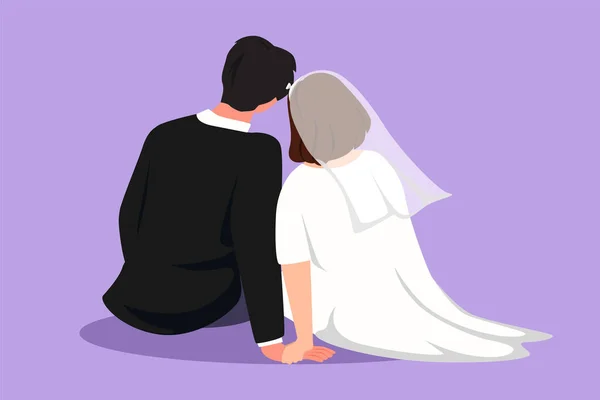 Karikatür Düz Stil Mutlu Evli Çiftlerin Arka Görüntüsünü Çiziyor Düğün — Stok Vektör