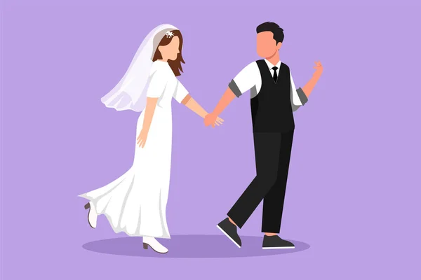 漫画フラットスタイルの描画幸せな男は 結婚式パーティーでかわいい女性の手を引きました ロマンチックなカップルがロマンチックなハネムーン遊歩道を歩いています サマーバケーション グラフィックデザインベクターイラスト — ストックベクタ