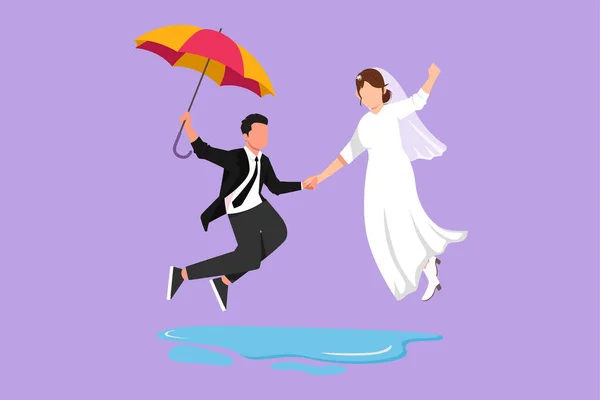 キャラクターフラットドローイング可愛いカップルは 傘とジャンプで雨の下を歩くのが好きです ウェディングドレスを着ている男性と女性 結婚した夫婦の恋愛関係 漫画デザインベクターイラスト — ストックベクタ