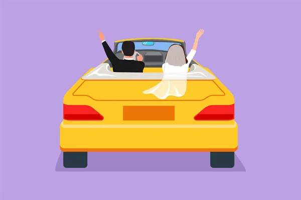 Charakter Flache Zeichnung Glückliches Ehepaar Das Cabrio Auto Jubelt Mit — Stockvektor