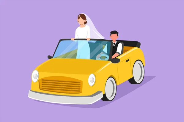 Grafický Plochý Design Kreslení Šťastný Manželský Pár Koni Auto Jede — Stockový vektor