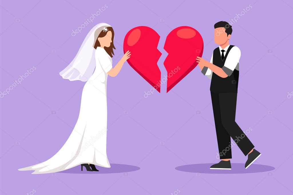 Character flat drawing heartbroken married couple parting or divorce. Sad man and woman trying to put together parts of broken heart. Family reconciliation concept. Cartoon design vector illustration