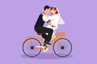 Karikatür düz stil mutlu evli bir adam ve güzel bir kadının düğün günü bisiklet sürerken yüz yüze resimlerini çiziyor. Şehir parkında bisiklete binen sevimli romantik çift. Grafik tasarım vektör çizimi