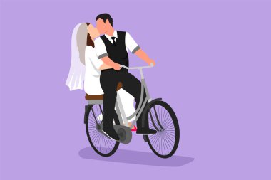 Çizgi film düz stil, aşık evli çiftleri bisiklete bindirirken çiziyor. Romantik insan ilişkileri, aşk hikayesi, balayına çıkan yeni evli aile macerası, tutku, duygular. Grafik tasarım vektör çizimi