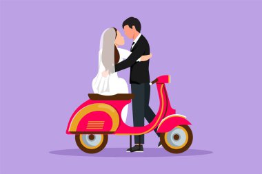 Grafik düz tasarım, motosiklette öpüşen gelinlikli evli çifti gösteriyor. Scooter 'ı olan eş ve koca, aşk dolu bir ilişki. Romantik yolculuk, yolculuk. Çizgi film biçimi vektör illüstrasyonu