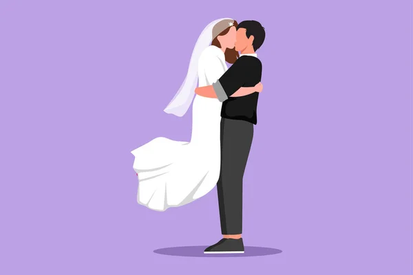 ロマンチックな結婚したカップルの漫画のフラットスタイルの図面は 恋にキスし ウェディングドレスで抱擁します 結婚式でジャンプする美しい女性を運ぶ男 グラフィックデザインベクターイラスト — ストックベクタ