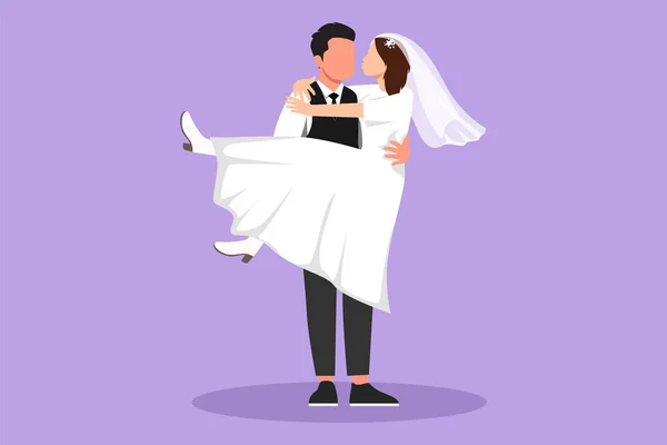 漫画フラットスタイル描画かわいいロマンチックな結婚した女性は 結婚式のドレスを着ているラップ男性にキスする愛でキスします 結婚式のパーティーで美しい女性を運ぶ男 グラフィックデザインベクターイラスト — ストックベクタ