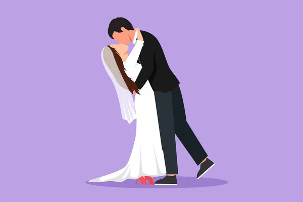 キャラクターフラットデッサン愛する結婚カップルキスと抱擁 かわいい若いロマンチックなカップルはキスをする 幸せな男性と美しい女性は結婚式のパーティーのために準備します 漫画デザインベクターイラスト — ストックベクタ