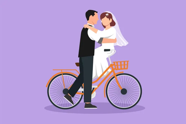 Графический Плоский Рисунок Любящей Супружеской Пары Мужчины Женщины Сидящих Велосипеде — стоковый вектор