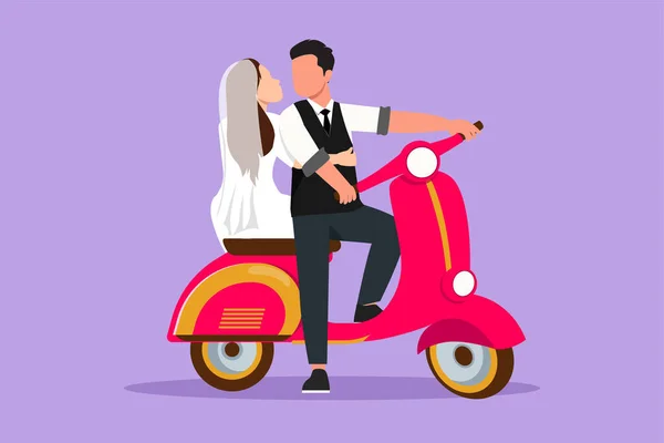 Personnage Dessin Plat Couple Marié Avec Scooter Vintage Concept Pré — Image vectorielle