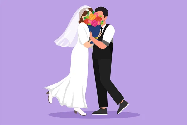 Sevimli Evli Çiftlerin Çiçek Buketinin Arkasında Sarılıp Öpüşmelerinin Grafiksel Düz — Stok Vektör