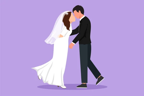 漫画フラットスタイルの描画美しい女性と男性は愛に立って 結婚式でお互いにキスします 結婚したカップルは結婚式のドレスとキスをする グラフィックデザインベクターイラスト — ストックベクタ