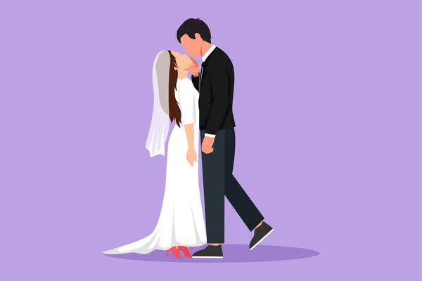人間の支配的な関係を描く漫画のフラットスタイル 結婚したカップルはキスして抱き合うのが大好き ハッピーハンサムな男と結婚式で美しい女性 グラフィックデザインベクターイラスト — ストックベクタ
