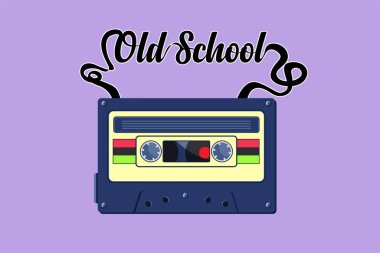Grafiksel düz tasarım kaset ikonu, logosu, etiketi olan eski moda slogan çiziyor. Mavi arka planda izole edilmiş retro sembollü ses kaseti. Klasik müzik ikonu. Çizgi film biçimi vektör illüstrasyonu