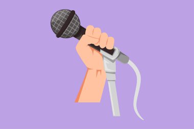Grafik düz tasarım mikrofon logosu kullanarak stilize edilmiş şarkıcı eli çiziyor. Karaoke insanları şarkıyı mikrofona söylüyor. Elinde mikrofon tutan komedyen ayağa kalksın. Çizgi film biçimi vektör illüstrasyonu