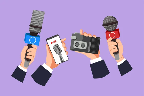 Graphisme Dessin Plat Main Avec Icône Microphone Logo Concept Journalisme — Image vectorielle