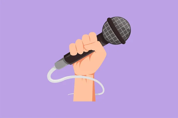 Персонаж Плоский Рисунок Микрофона Руке Логотип Значок Этикетка Символ Рука — стоковый вектор