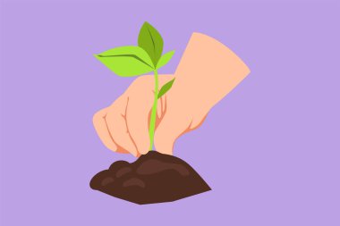 Grafik düz tasarım, bahçeye ağaç diken genç bir kadın çiziyor. Ekoloji konsepti. Bahar ekimi. Tohumlardan yetişen ilk tohumlar. Tarım. Dünya günü. Çizgi film biçimi vektör illüstrasyonu