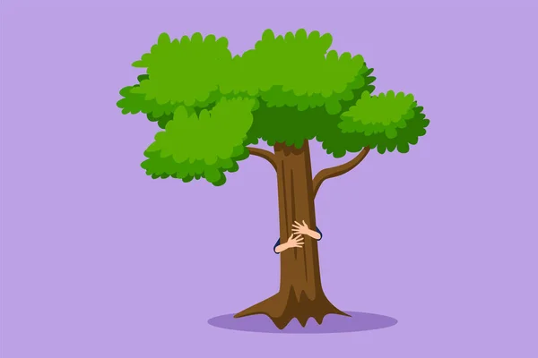漫画フラットスタイルの描画男公園のロゴ アイコン ラベルで木を抱擁する男 愛する植物と環境のシンボル 地球の日 エコロジーの概念 グラフィックデザインベクターイラスト — ストックベクタ