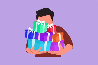 Grafik düz tasarım, elinde hediye kutusu tutan şenlikli bir adam çiziyor. Elinde koca bir yığın yeni yıl hediyesi tutan adam. Milenyum erkeği paketlenmiş hediye kutusu ikonu taşıyor. Çizgi film biçimi vektör illüstrasyonu