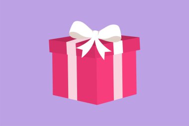 Beyaz kurdeleli düz bir hediye kutusu. Mavi arka planda izole edilmiş kurdeleyle sarılı kırmızı kutu. Dekoratif hediye ya da amblemli karton kutu, sembol. Çizgi film tasarım vektör çizimi