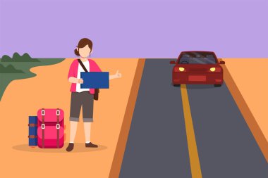 Grafiksel düz tasarım, bavul ve baş parmakları yukarıda yol kenarında araba bekleyen genç kadınları çekiyor. Otostop çekerek. Tatil, tatil ve gezi konsepti, sembol. Çizgi film biçimi vektör illüstrasyonu