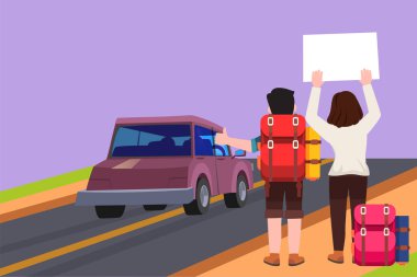 Çizgi filmlerdeki gibi sırt çantalı mutlu turistlerin, yolda otostop çeken kamp eşyalarının ve arabaların arkasını çiziyor. Yürüyüş ve macera ikonu konsepti. Grafik tasarım vektör çizimi