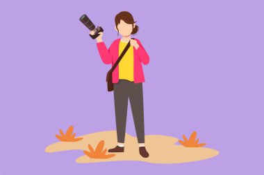 Kamera zevki olan genç ve güzel bir kadın fotoğrafçı. Fotoğrafçılığı açık havada, tatilde, yürüyüş yaparken, tatil konsepti simgesinde yapıyor. Çizgi film tasarım vektör çizimi