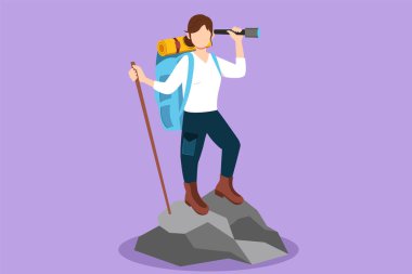 Çizgi film düz stil çizimi büyük sırt çantalı neşeli gezgin kadın dağın tepesinde duruyor ve dürbüne bakıyor. Tepede duran güzel dağcı kız. Grafik tasarım vektör çizimi