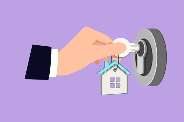 Character Flat Drawing Landlord Unlocks House Key New Home Real — Stock Vector
