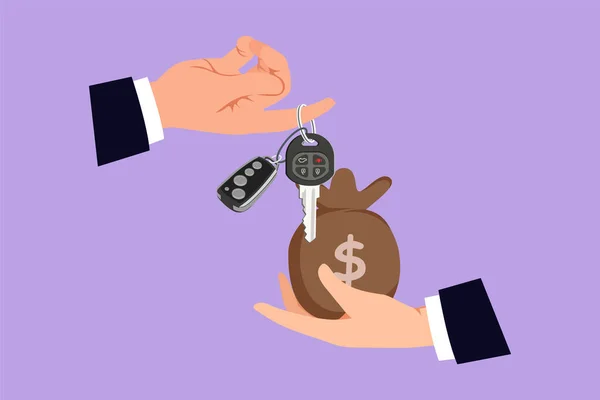 Çizgi film çizimi, araba kiralama veya satış konsepti, logo, ikon, şablon. Ajanın elinde arabanın anahtarı, alıcının elinde altın para çantası. Araba almak ya da kiralamak. Grafik tasarım vektör çizimi