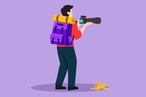 画像を探している若い男性観光客のカメラを保持するグラフィックフラットデザインのバックビュー トロピカルグラウンドのバックパック付きのスタンド 自然と旅行コンセプト 漫画スタイルベクターイラスト — ストックベクタ