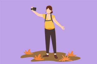 Karakter düz çizim, güzel bir kadın akıllı telefondan selfie çekiyor. Sırt çantalı güzel kız selfie çekiyor. Turizm doğası sırt çantasıyla gezmek ya da yürüyüş yapmak. Çizgi film tasarım vektör çizimi