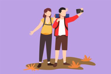 Çizgi film düz stil, ayakta duran romantik bir çiftin cep telefonuyla selfie çekmeye çalışmasını. Genç bir adam ve tatlı bir kadın birlikte fotoğraf çekiliyor. Grafik tasarım vektör çizimi