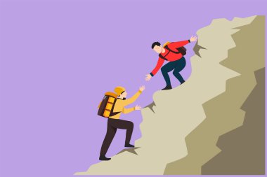 Düz çizimli bir erkek çizim grubu. Dağa tırmanmak için birbirlerine yardım ediyorlar. Yardım eli uzat, umut et, destek ol. İş, başarı, liderlik, başarı, amaç. Çizgi film biçimi vektör illüstrasyonu