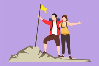 Çizgi filmlerdeki gibi romantik erkek ve kadın yürüyüşçüler el ele tutuşan turistler dağlarda bayrak sallayarak tepede duruyorlar. Tatil gezisi eğlencesi. Grafik tasarım vektör çizimi