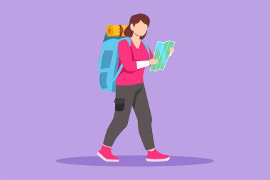 Grafiksel düz tasarım, ormanı haritayla keşfeden güzel bir kadın yürüyüşçü çiziyor. Kadın yürüyüşçülerin başarısı açık hava eğlencesi ve tırmanma zirvesi. Doğa keşfi macerası. Çizgi film biçimi vektör illüstrasyonu