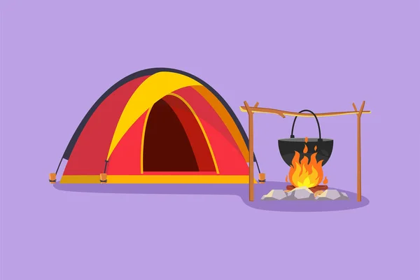 Cartoon Flat Style Drawing Camping Site Tent Bonfire Pot Equipment — Stock Vector