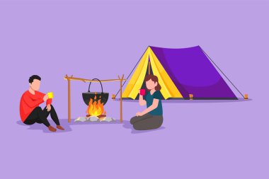 Kamp yeri çizmek ya da kamp ateşi çadırlarının etrafında romantik çiftler gezdirmek. Erkek kadın yerde oturup sıcak çay ya da kahve içiyor ve şenlik ateşinin yanında ısınıyor. Çizgi film tasarım vektör çizimi