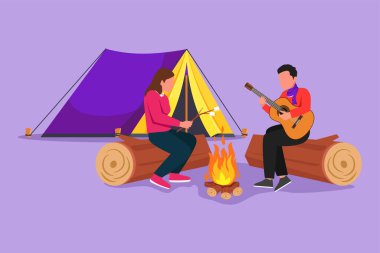 Grafik düz tasarım romantik çiftler yaz kampı çiziyor. Gitar çalan bir adam ve şöminenin yanında oturan bir kadın. Kızarmış marşmelovla şenlik ateşi. Açık hava tatili. Çizgi film biçimi vektör illüstrasyonu