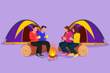 İki mutlu çiftin kamp ateşinin yanında ısındığı düz çizim. Kamp yapan, sıcak çay ya da kahve içen ve ormanda kütüklerin üzerinde oturan bir grup insan. Çizgi film tasarım vektör çizimi