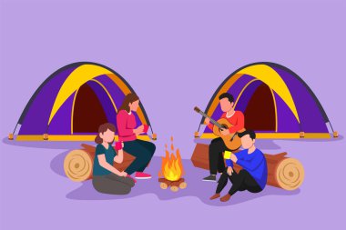 Grafik düz tasarım, iki romantik çiftin şenlik ateşinin yanında ısınmasını sağlıyor. Kamp yapan, çay içen, kütüklerin üzerinde oturan ve gitar çalan bir grup insan. Çizgi film biçimi vektör illüstrasyonu