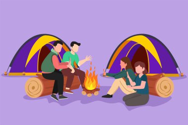 Kamp ateşi çadırlarının etrafında kamp yapan iki romantik çiftin çizdiği düz çizgi film. Bir grup erkek kadın ellerini şenlik ateşinin yanında yerde otururken ısıtıyor. Vahşi doğa gezisi. Grafik tasarım vektör çizimi