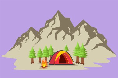 Çizgi film düz çizim tarzı yaz kampı günü ve günbatımı posteri, logo. Dağlı, ağaçlı, çadırlı ve kamp ateşli pankartlar. Tırmanma, yürüyüş, tatil, yürüyüş sporları. Grafik tasarım vektör çizimi