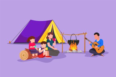 Çizgi filmlerdeki gibi mutlu aile kamp kuruyor, kamp ateşi yakıyor ve tencerede su kaynatıyor. Sıcak çay içiyorum. Çocuk kütüğe otur. Babam gitar çalıyor ve annemle birlikte yerde oturuyor. Grafik tasarım vektör çizimi