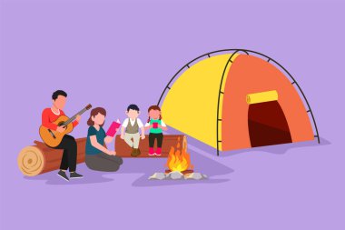 Karikatür düz çizim, yaz kamplarında birlikte vakit geçirdiğimiz aile eğlencesi. Babam gitar çalıyor ve oğlumla şarkı söylüyor. Anne kızıyla masal kitabı okuyor. Grafik tasarım vektör çizimi