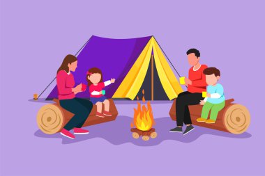 Grafik düz tasarım, kamp ateşiyle mutlu aile kampı çiziyor ve sıcak çay ya da kahve içiyor. Çocuklar kütüklerin üzerinde oturuyor, anne baba ormanda yerde oturuyor. Vahşi doğa. Çizgi film biçimi vektör illüstrasyonu