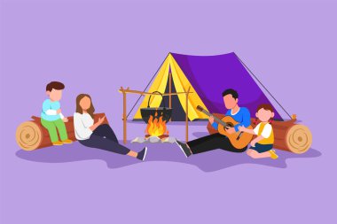 Grafik düz tasarım, kamp ateşi çadırında mutlu bir aile çiziyor, akşam yemeği için tencerede su kaynatıyor, kütüklerin üzerinde oturuyor. Babam anne ve çocuklarla gitar çalıp şarkı söylüyor. Çizgi film biçimi vektör illüstrasyonu