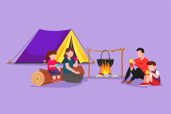 Karakter Platte Tekening Gelukkig Familie Camping Met Kampvuur Kook Water — Stockvector